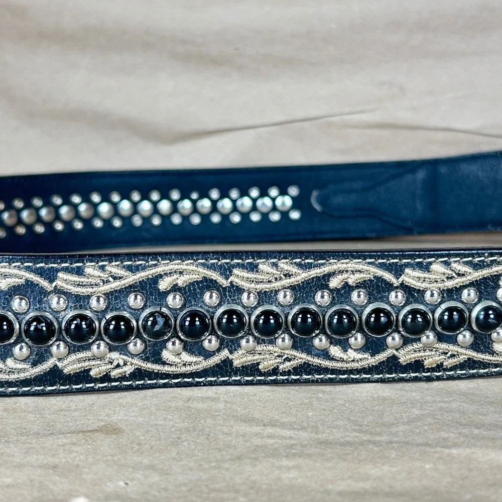 Nocona Belt Mens M Black Distressed Leather Embroidered Studded Engraved Buckle